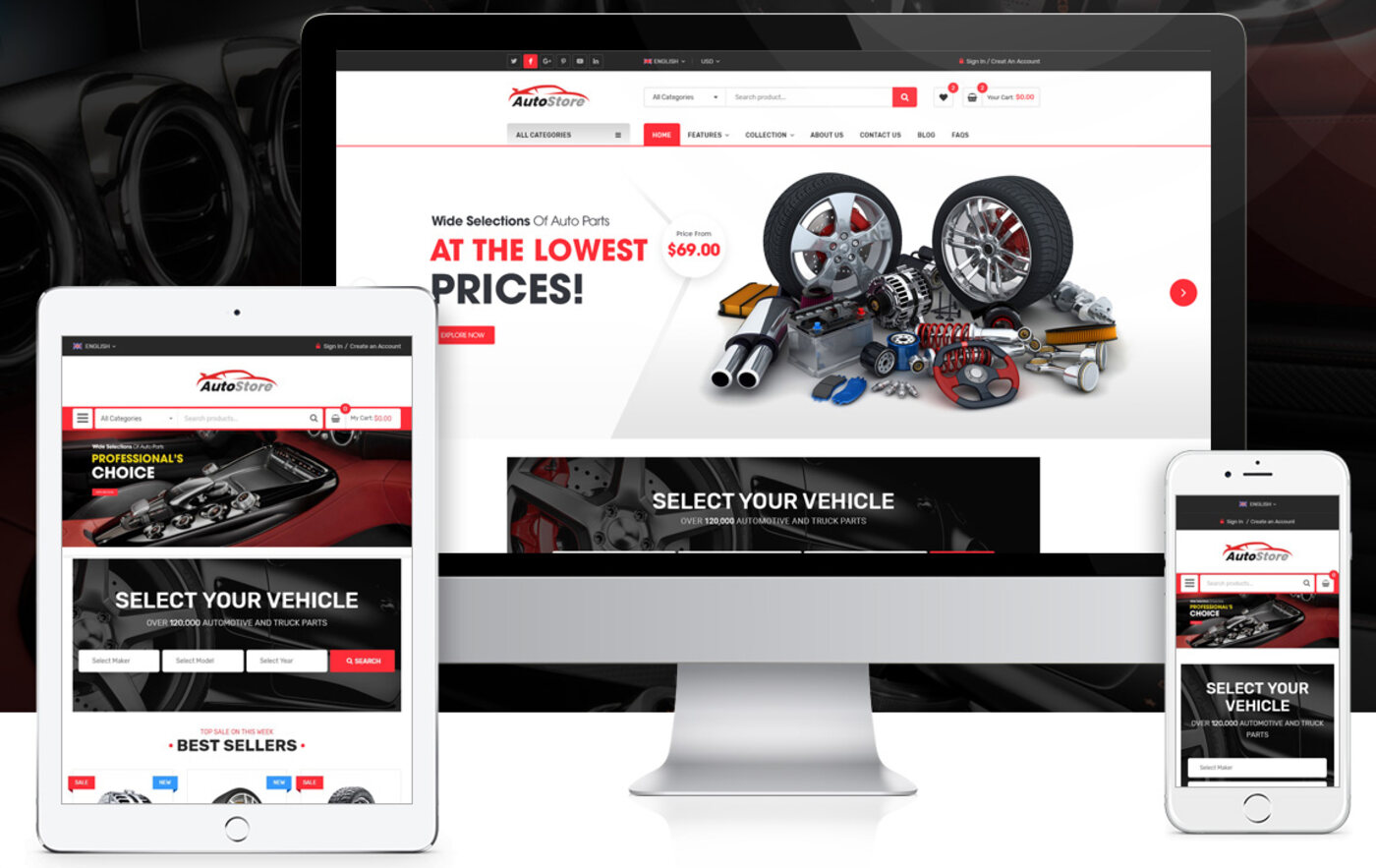 Ukážka šablóny AutoStore na monitore, tablete a mobilnom telefóne